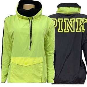 Victoria's Secret PINK Anorak Windbreaker Jacket Colorblock Neon Green Black Lg